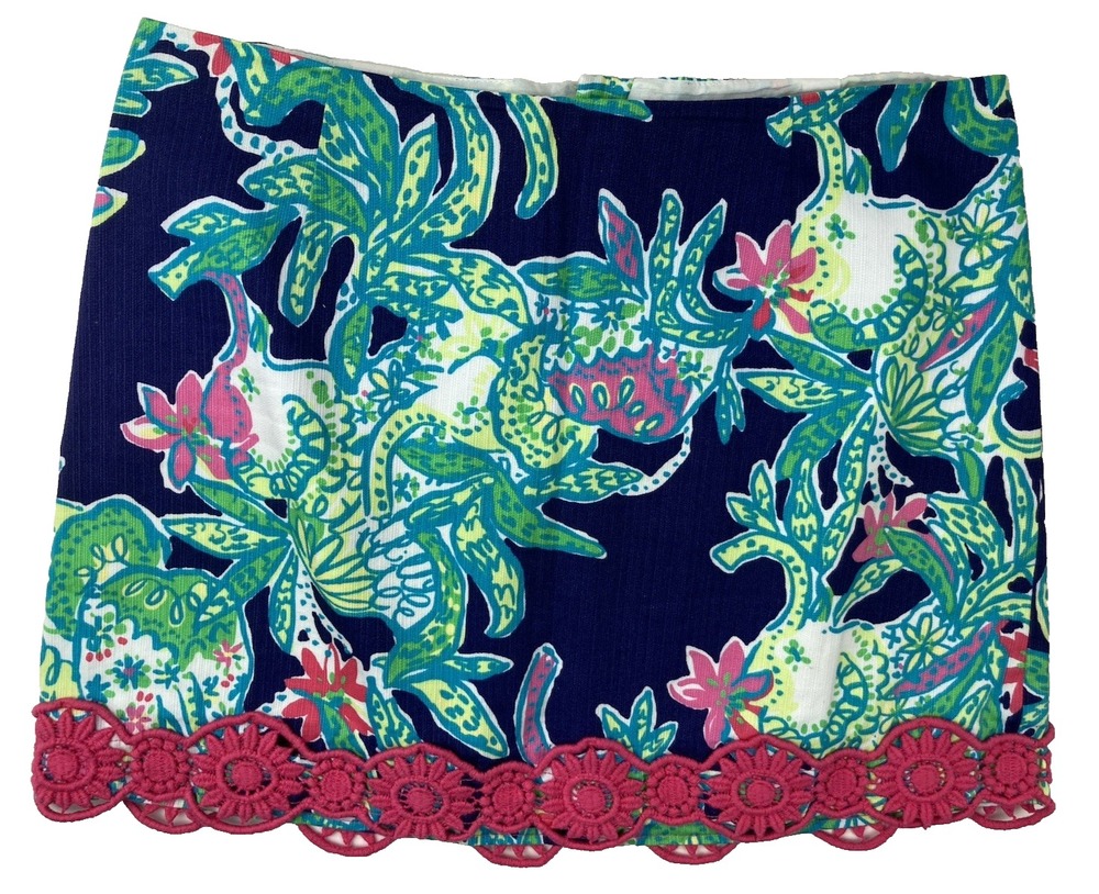 Lilly Pulitzer Tate Mini Skirt 4 Bright Navy Pink Trunk Show Elephant Print EUC